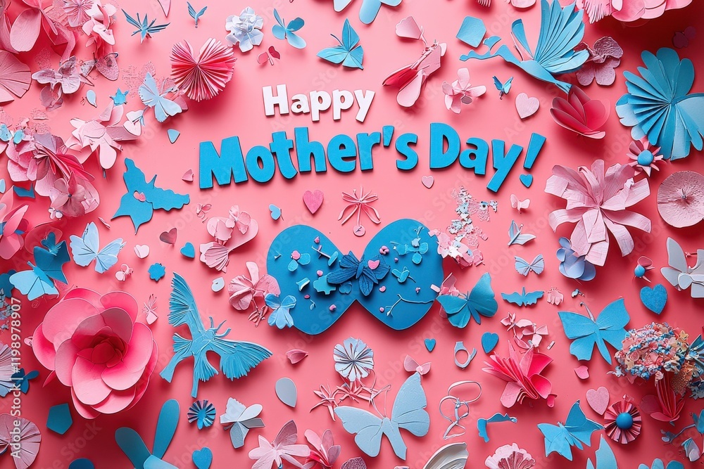 A vibrant, creative arrangement of paper decorations in shades of pink and blue celebrates Mothers Day. Elements include flowers, butterflies, and heartfelt messages, creating a festive atmosphere.