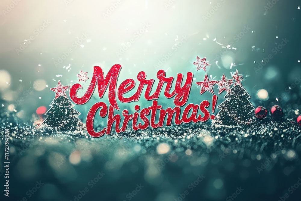 A vibrant decoration features the phrase Merry Christmas adorned with stars and Christmas trees, set against a shimmering background that captures the joyful spirit of the holiday season.
