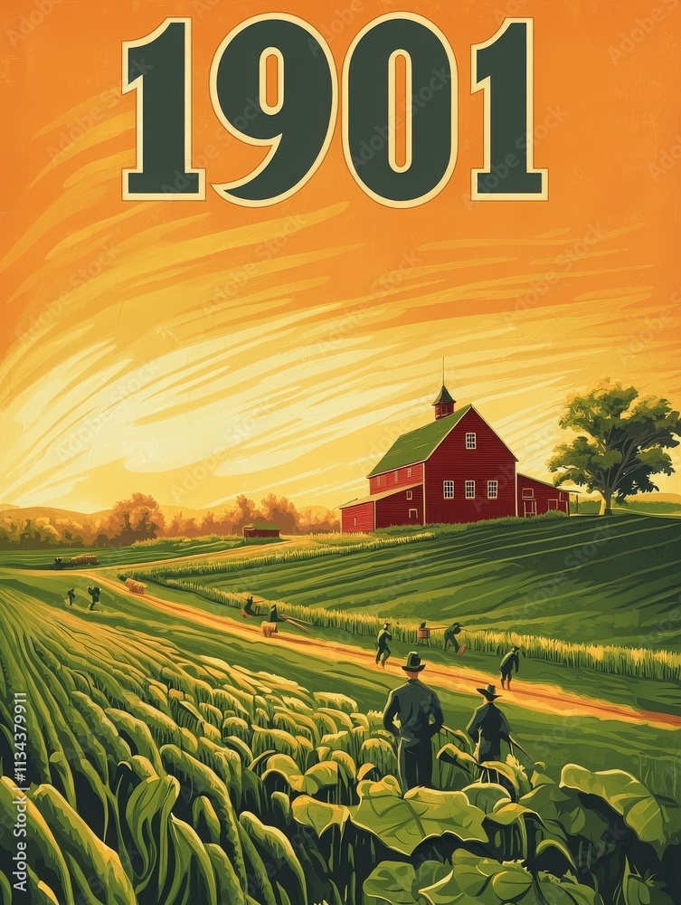 A vibrant depiction of farmers tending to expansive fields during sunset in 1901. The warm colors highlight the rural landscape, featuring a red barn in the background against rippling crops.