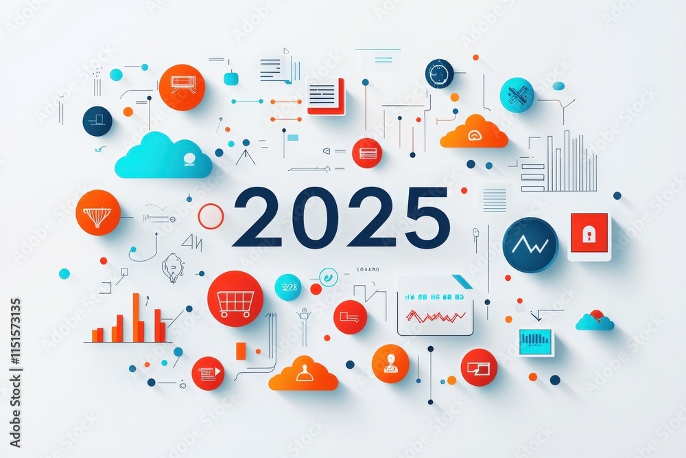 A vibrant design displays a variety of icons and symbols related to technology, data visualization, and forecasts for 2025.