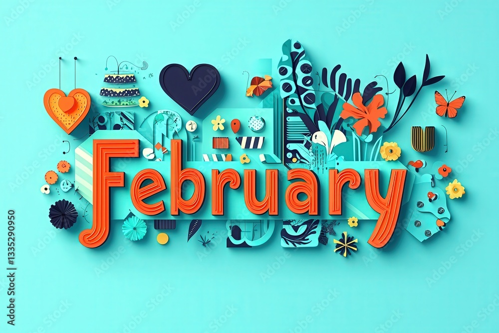 A vibrant design features February in bold, surrounded by flowers, hearts, and butterflies on a soothing blue backdrop, capturing the essence of the season.