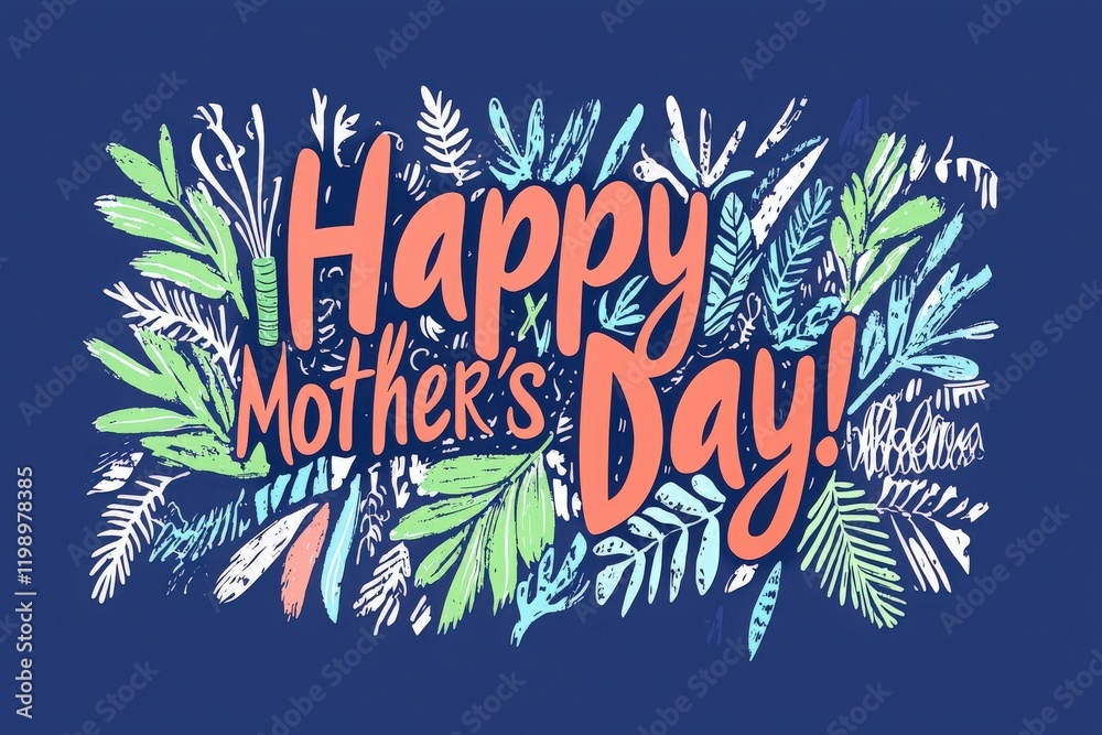 A vibrant design features the message Happy Mothers Day surrounded by a variety of leaves and plants. The deep blue background enhances the colorful lettering and nature theme.