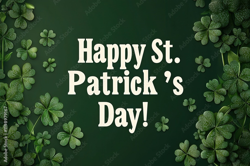 A vibrant design features the phrase Happy St. Patricks Day in bold lettering surrounded by lush green shamrocks. Ideal for conveying holiday spirit and joy on March 17.