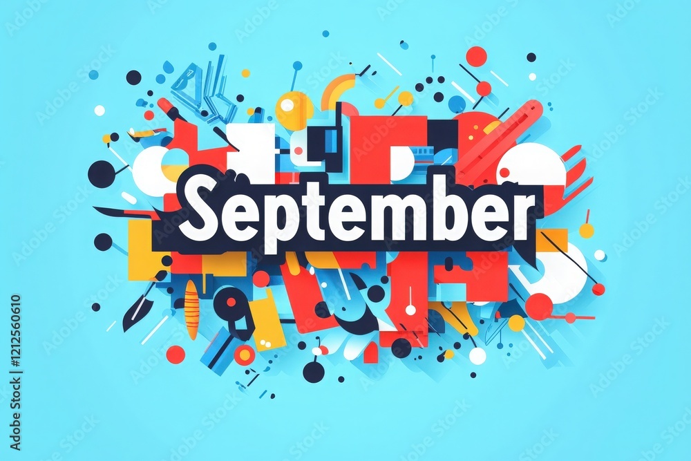 A vibrant design features the word September in bold letters surrounded by colorful abstract shapes and patterns. The background is a calming blue that enhances the artistic elements.