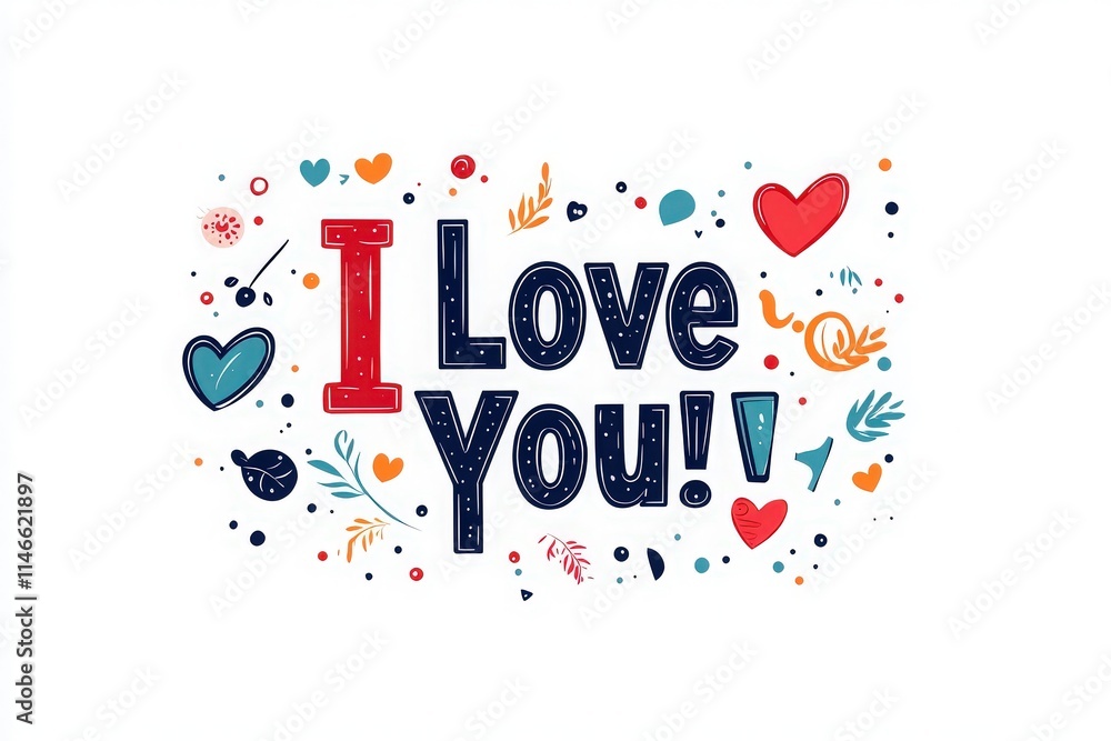 A vibrant design featuring the text I Love You surrounded by various hearts and playful motifs. This joyful artwork celebrates affection and creativity, perfect for gifts or cards.