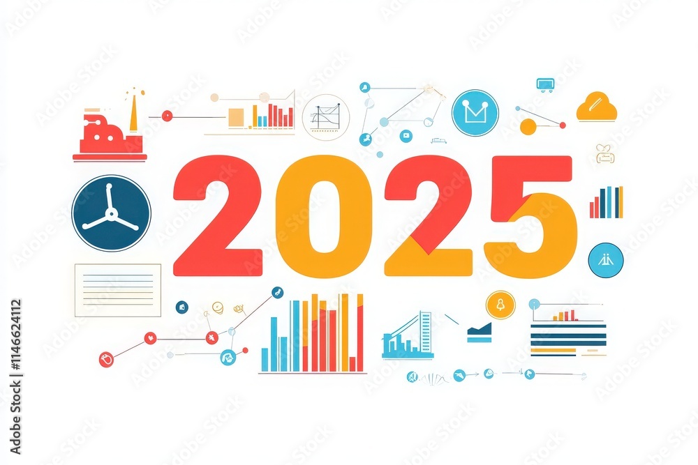 A vibrant design representing the year 2025, incorporating various graphs, icons, and symbols related to data analysis, business, and strategic planning. This visual suggests innovation and growth.