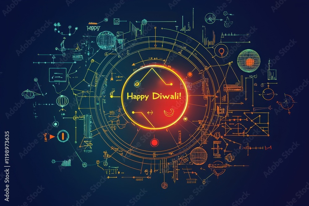 A vibrant design showcases the essence of Diwali with bright colors and intricate patterns. Festive symbols and joyful messages create an atmosphere of celebration and light.