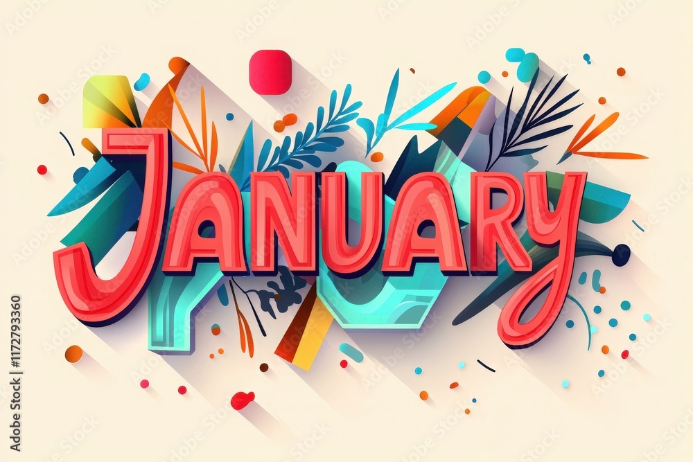 A vibrant design showcases the word January in bold letters, surrounded by abstract shapes and colorful foliage. The composition embodies a festive and fresh atmosphere typical of the new year.