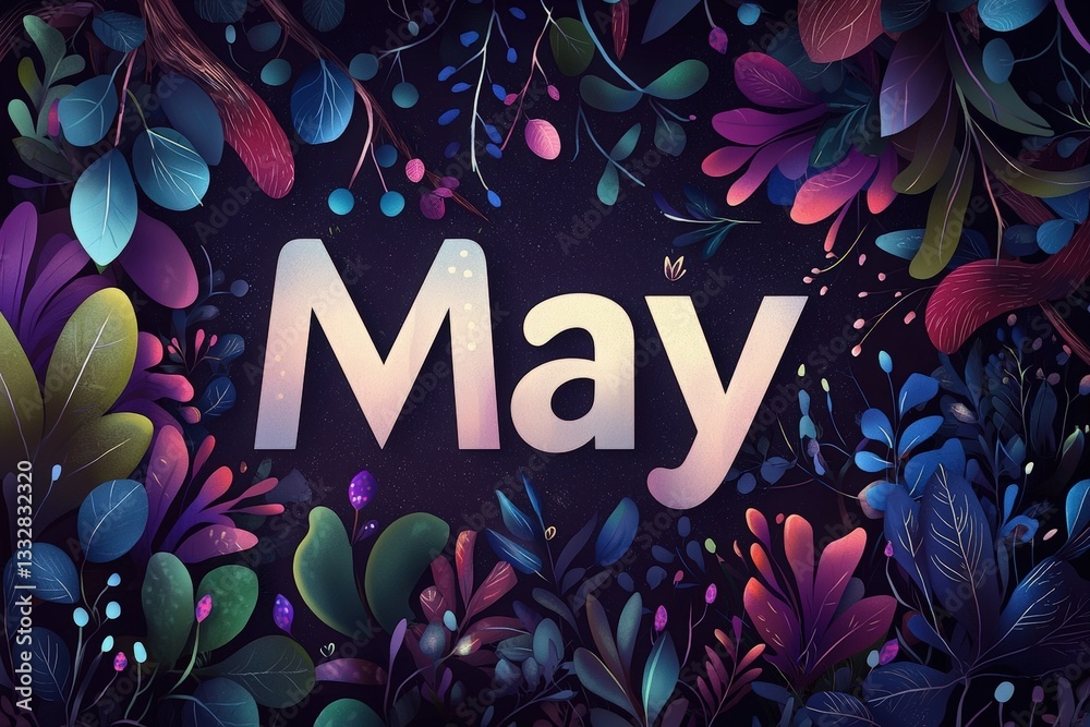 A vibrant design showcases the word May surrounded by lush foliage in various colors, depicting the beauty of spring. The intricate details highlight blossoms and leaves.