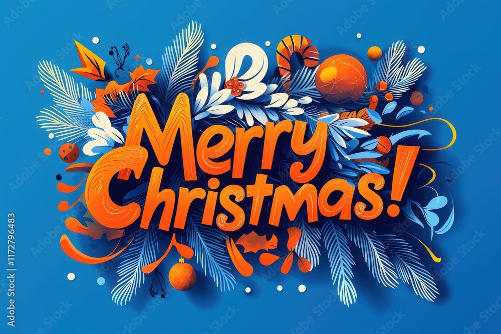 A vibrant design showcases the words Merry Christmas surrounded by festive elements like ornaments, candy canes, and foliage against a bright blue background, creating a joyful holiday spirit.