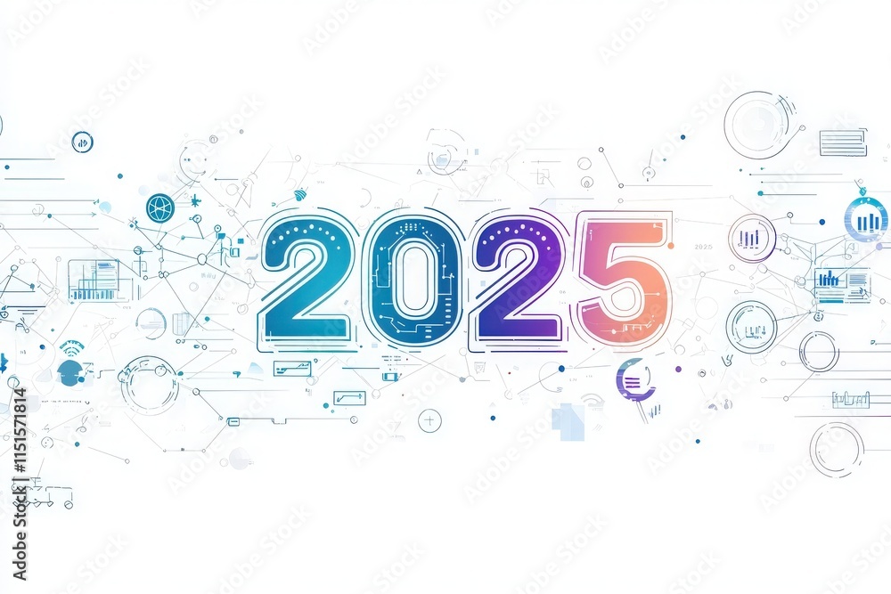 A vibrant design showcases the year 2025, filled with abstract digital elements and symbols that represent technology, innovation, and future advancements, illustrating a connected world.