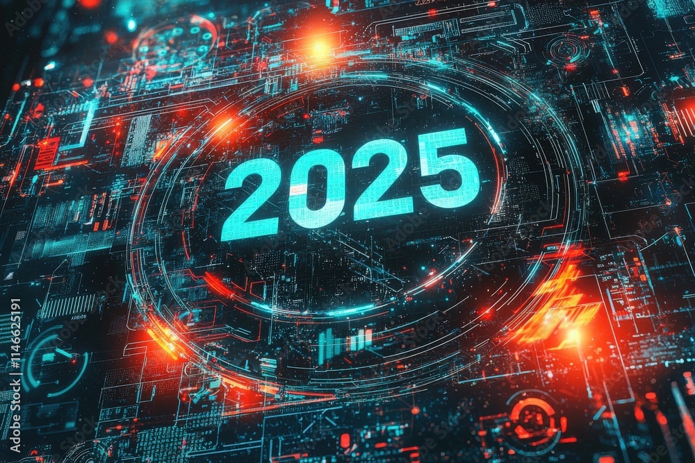 A vibrant design showcasing the year 2025 surrounded by abstract digital elements, glowing circuits, and a futuristic ambiance. The bright colors create a modern and engaging atmosphere.