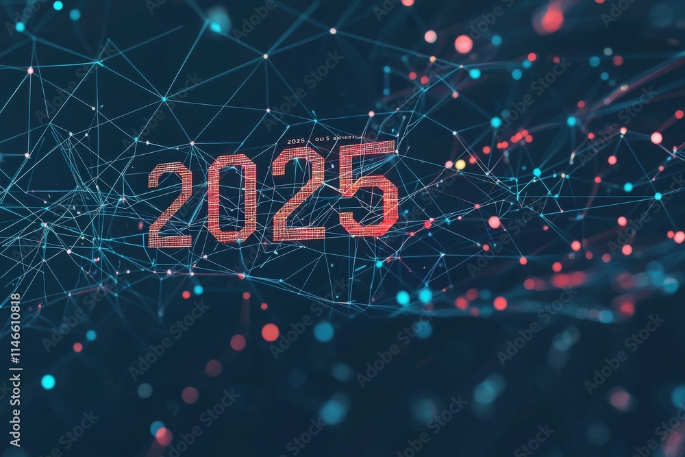 A vibrant digital background showcases the year 2025, presented through interwoven lines and dots, symbolizing data connections and technological advancement, creating a futuristic atmosphere.
