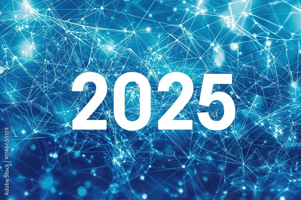 A vibrant digital background showcases the year 2025, surrounded by interconnected lines and nodes, symbolizing advancements in technology, data connectivity, and innovation.
