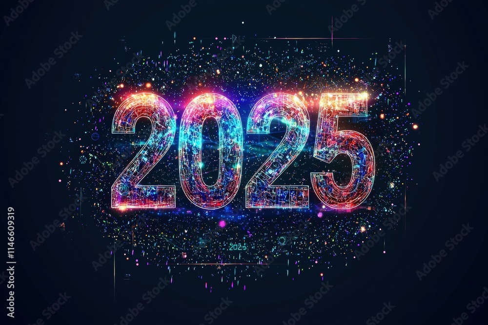 A vibrant digital design showcases the year 2025 with bright glowing numbers. The background features a cosmic effect created by sparkling particles, adding a futuristic feel.