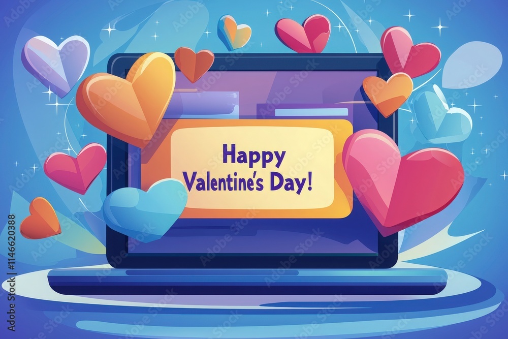A vibrant digital display features a cheerful message for Valentines Day surrounded by colorful hearts. This festive scene highlights love and connection in a playful way.