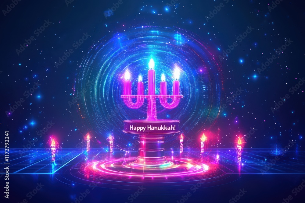 A vibrant digital display featuring a menorah with lit candles and bright lights, celebrating Hanukkah.