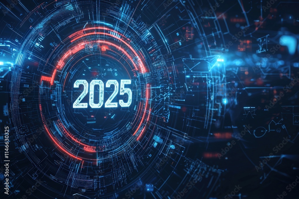 A vibrant, digital display highlights the year 2025, featuring a circular design with glowing blue and red elements. The backdrop is filled with intricate patterns, suggesting advanced technology.