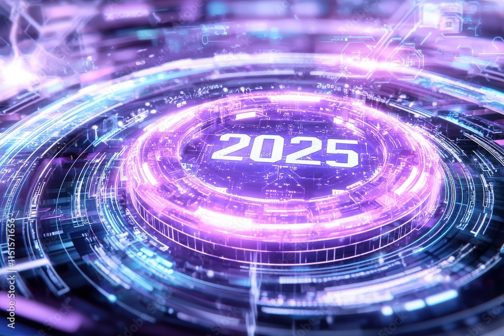 A vibrant digital display showcases the year 2025, surrounded by glowing circuits and intricate data patterns. The scene has a high-tech, futuristic feel, evoking advanced technology themes.