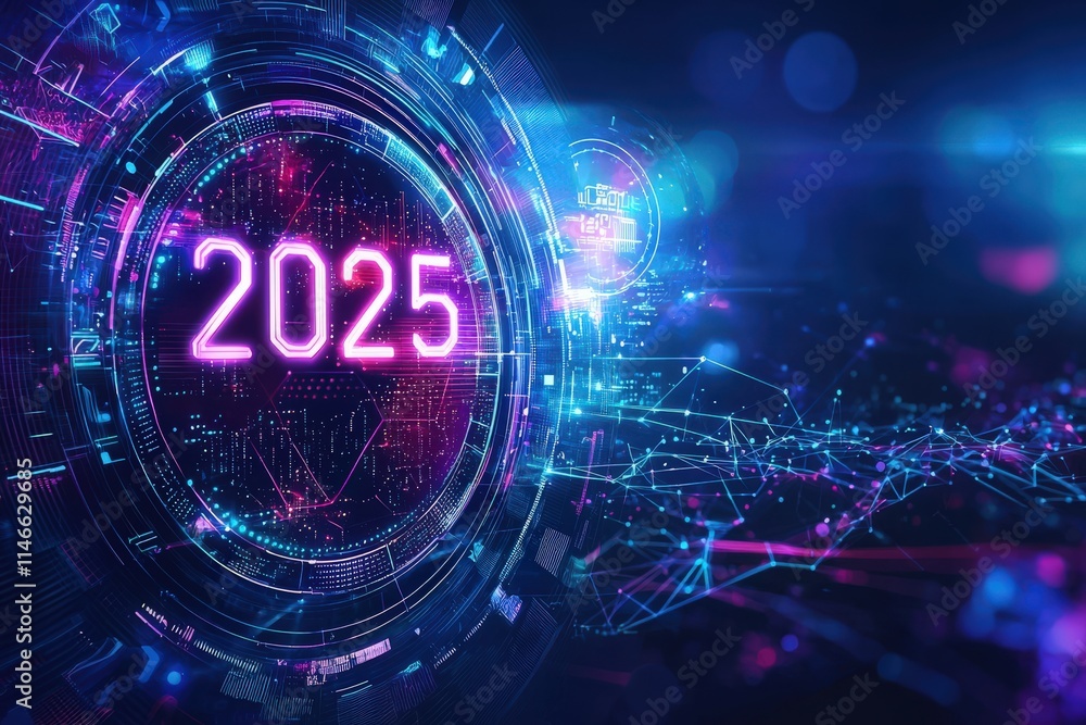 A vibrant digital display showcases the year 2025 surrounded by neon lights and futuristic graphics.