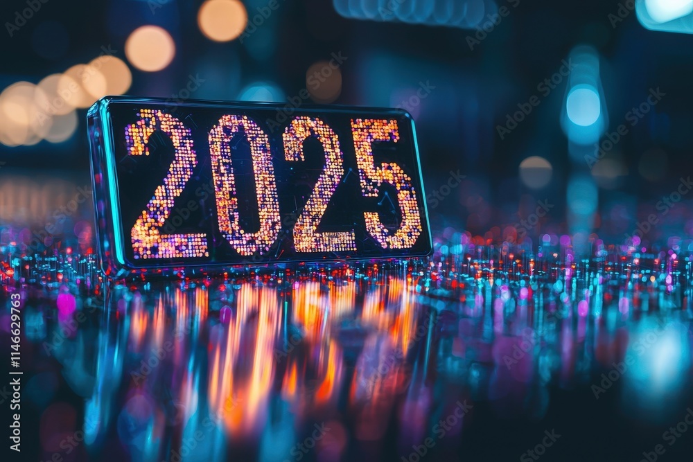 A vibrant digital display shows the year 2025 illuminated in colorful lights. The background is covered in shimmering reflections, suggesting a festive night atmosphere.