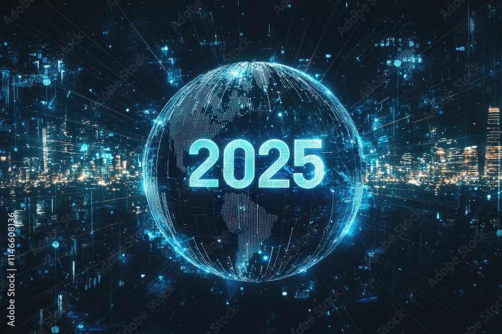 A vibrant digital globe showcases global data and technology advancements, featuring the year 2025 prominently at its center. The background is filled with bright blue lights and modern cityscapes.