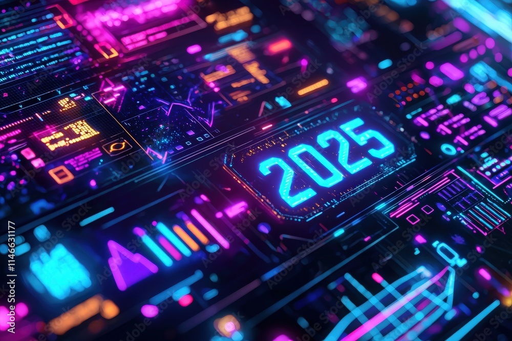 A vibrant digital interface showcases interactive data visuals and graphs, illuminating with neon colors for the year 2025, capturing the essence of technology and innovation.