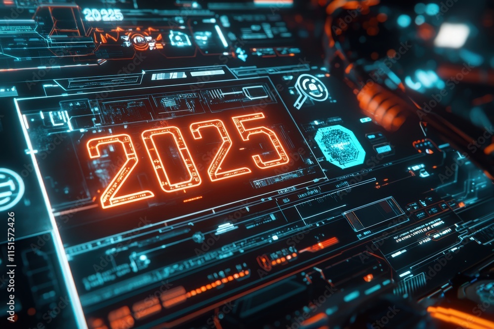 A vibrant digital interface showcases the year 2025 in bright orange numbers, surrounded by intricate technology and data elements. The futuristic design evokes innovation and advancement.