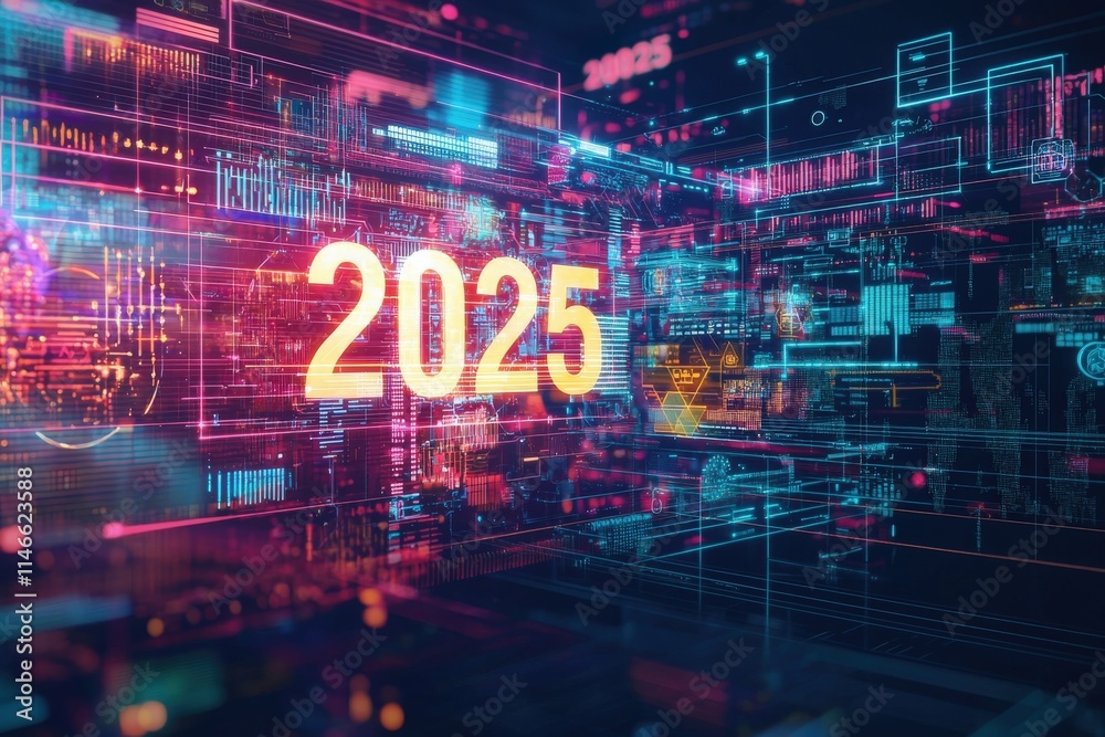 A vibrant digital landscape showcases the year 2025, filled with colorful graphics and intricate patterns that suggest advanced technology and a dynamic future.