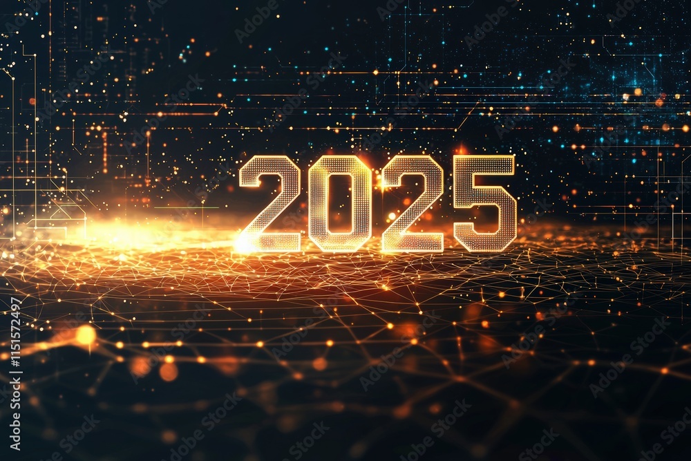 A vibrant digital landscape showcases the year 2025 in a glowing design, surrounded by intricate patterns of light and data points, symbolizing progress and technological advancement.
