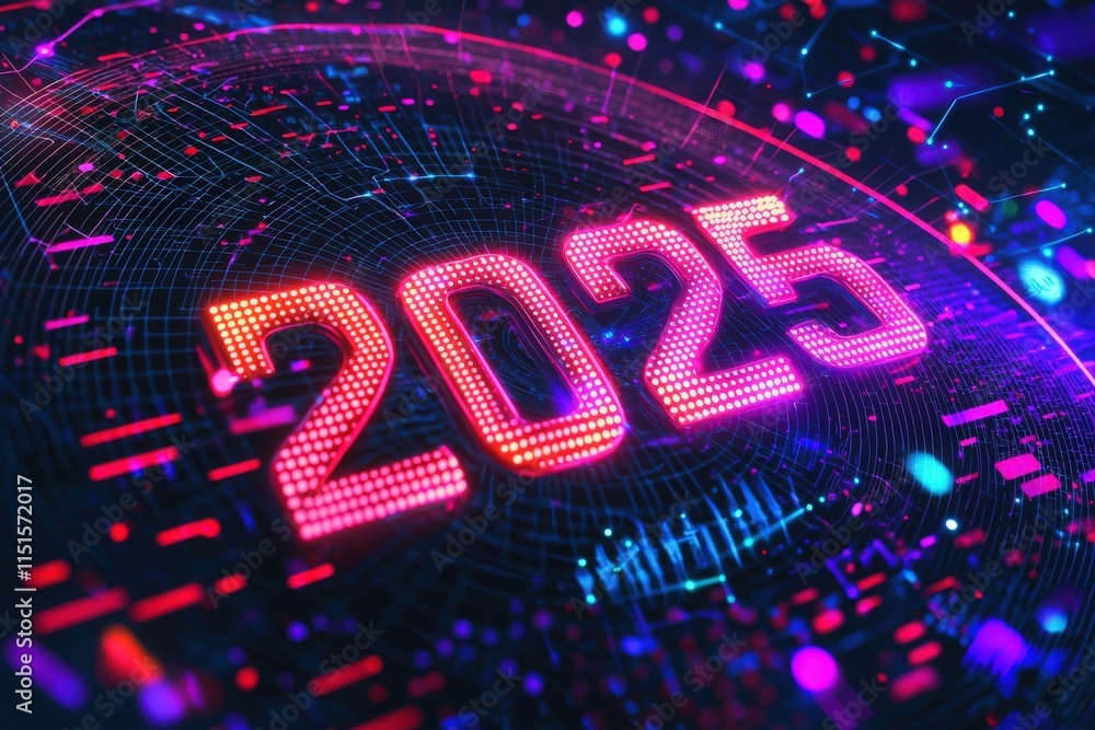A vibrant digital representation of the year 2025 features bold numbers illuminated in neon shades. The background showcases abstract shapes and patterns, emphasizing a futuristic style.