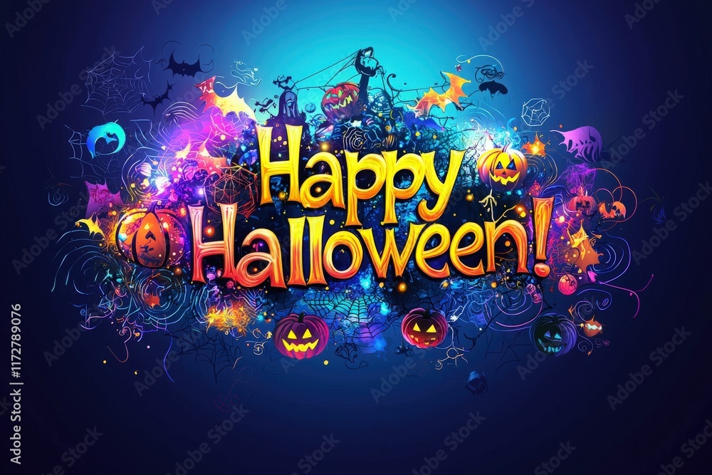 A vibrant display captures the essence of Halloween with colorful pumpkins, bats, and spooky elements. The festive design creates a cheerful atmosphere, inviting all to join the celebration.