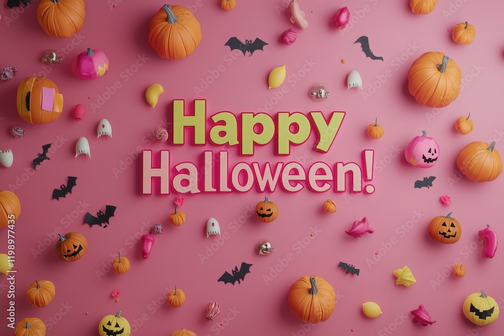 A vibrant display celebrates Halloween with pumpkins, bats, and playful ghost figures set against a pink background. The scene captures the festive spirit with colorful decorations.