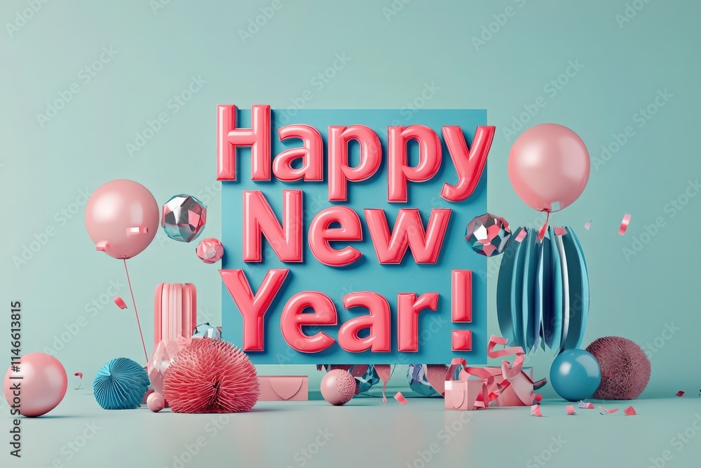 A vibrant display celebrates the New Year with decorative elements including balloons, shiny ornaments, and colorful textures set against a light blue background, evoking a festive atmosphere.