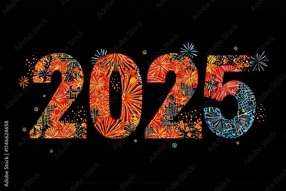 A vibrant display celebrates the arrival of 2025, featuring bold numbers filled with intricate patterns and colorful fireworks, capturing the excitement of the New Year festivities.