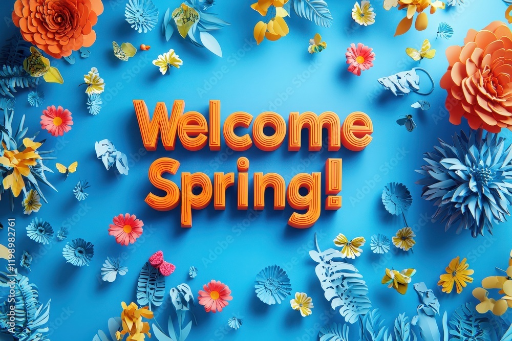 A vibrant display celebrates the arrival of spring, featuring a variety of colorful floral shapes and butterflies against a bright blue backdrop. The cheerful message welcomes the season.