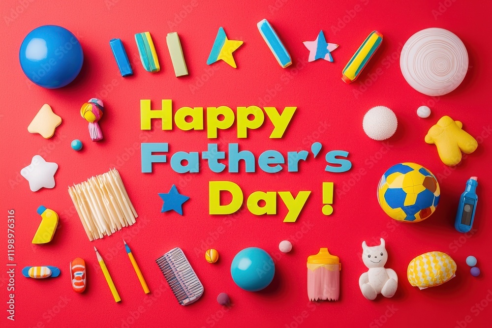 A vibrant display celebrating Fathers Day features colorful decorations, playful items, and fun shapes on a bright red backdrop. Perfect for creating a festive atmosphere for the occasion.