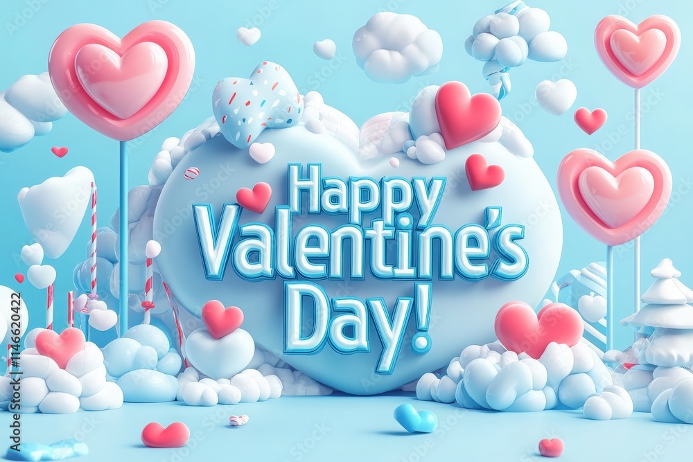 A vibrant display celebrating Valentines Day, featuring heart-shaped decorations, soft clouds, and balloons. The cheerful atmosphere is enhanced by light blue tones and playful design elements.