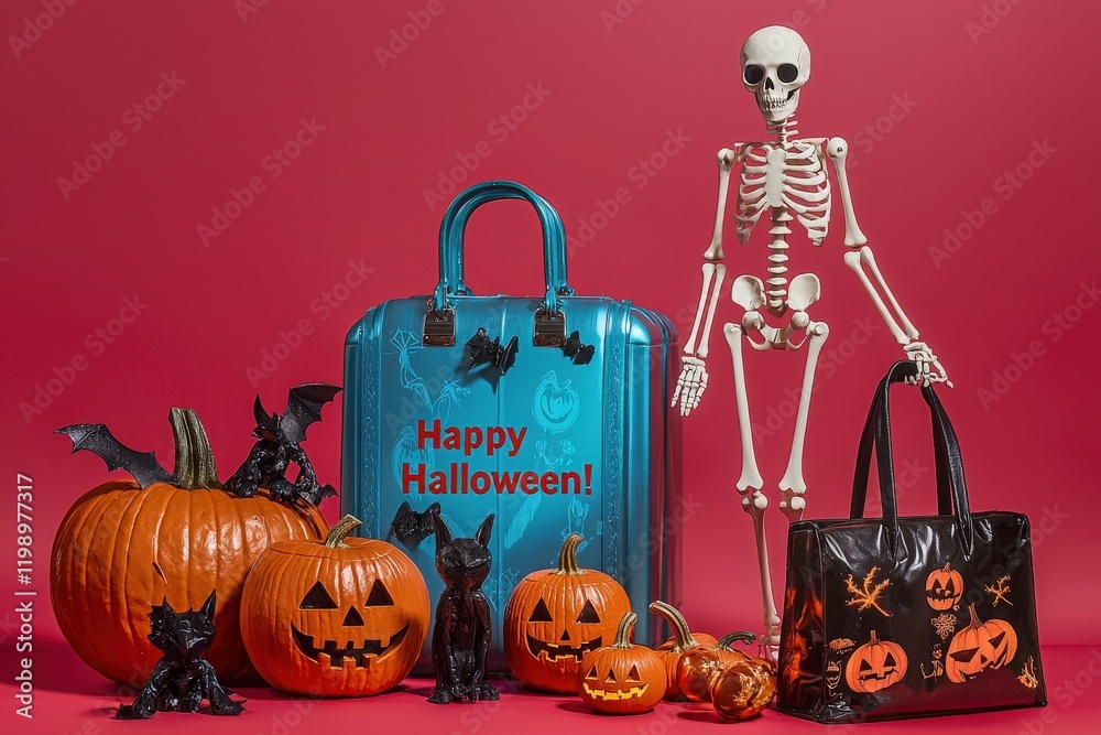 A vibrant display features a blue suitcase and black bag alongside carved pumpkins, a skeleton, and Halloween-themed decorations. The setting celebrates the Halloween spirit delightfully.