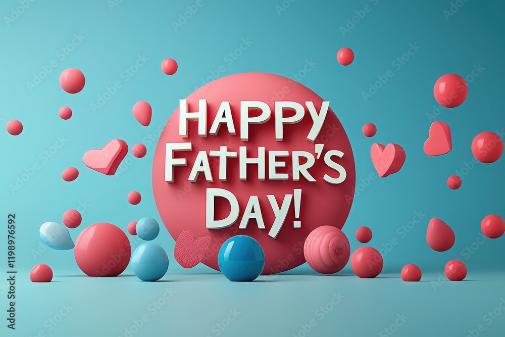 A vibrant display features a large round shape with Happy Fathers Day in bold letters, surrounded by colorful spheres and hearts against a light blue background, celebrating fatherhood.