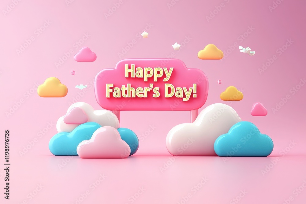 A vibrant display features fluffy clouds and bright lettering wishing a happy Fathers Day. Soft pastel colors create a joyful atmosphere, ideal for celebrating this special occasion.