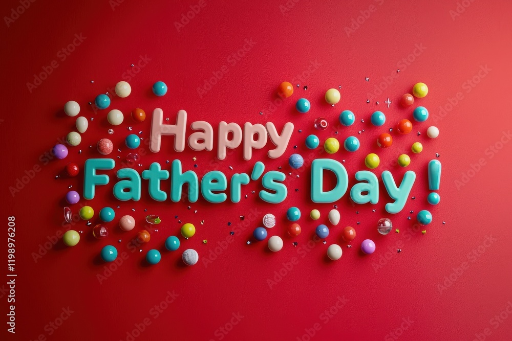 A vibrant display features the phrase Happy Fathers Day in large colorful letters surrounded by festive decorations.