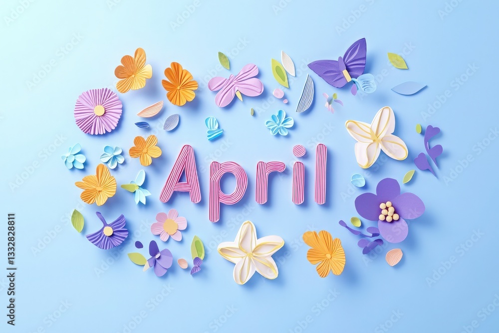 A vibrant display features the word April crafted from layered paper, surrounded by assorted paper flowers and leaves. The background is a soothing blue that enhances the spring theme.