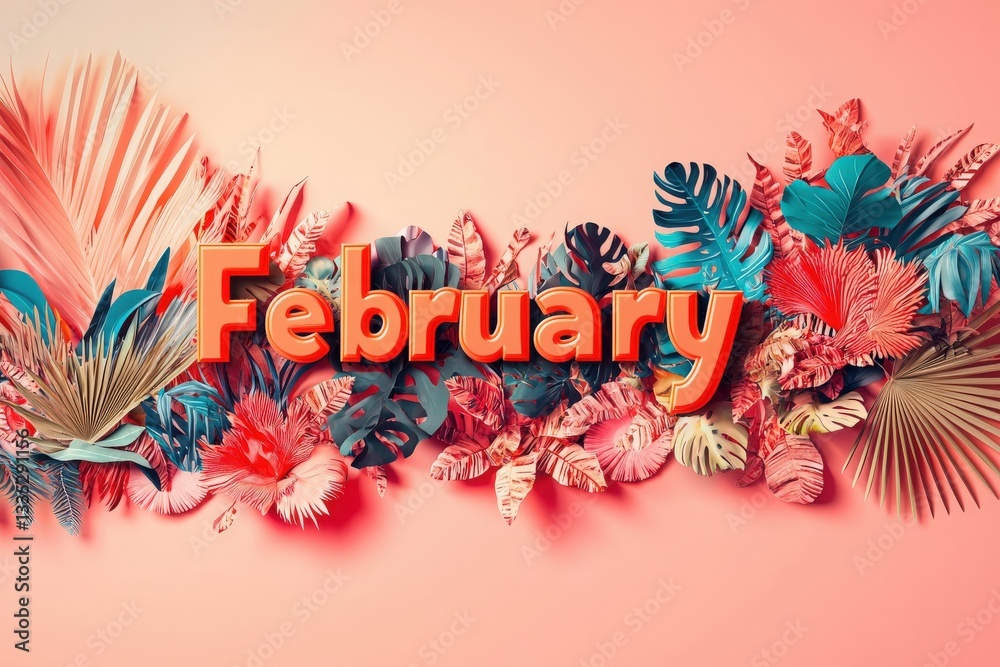 A vibrant display features the word February in bold letters surrounded by assorted tropical leaves on a soft pink background, creating a lively atmosphere perfect for the month.