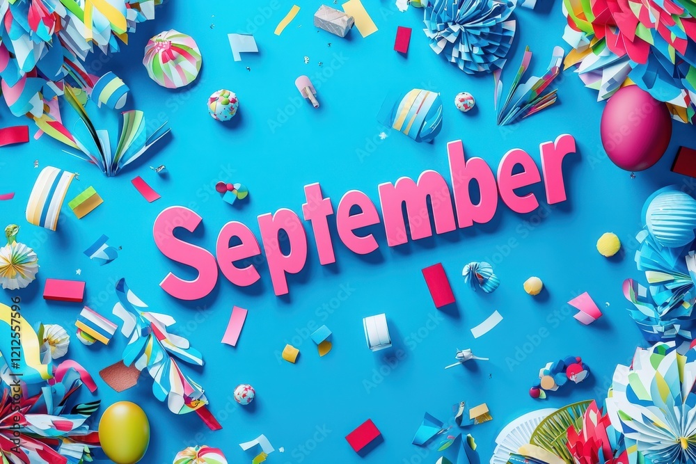 A vibrant display features the word September in bold pink letters, surrounded by colorful paper decorations, confetti, and festive elements on a bright blue background, creating a joyful atmosphere.