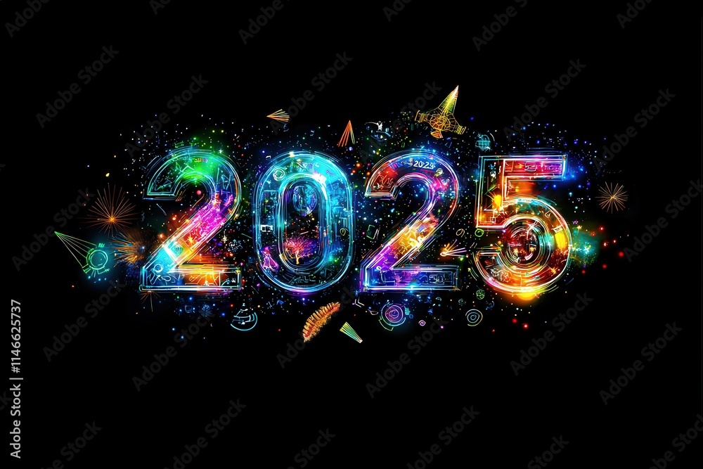 A vibrant display features the year 2025, decorated with shimmering colors and festive elements, symbolizing celebration and hope for the new year. The design conveys excitement for upcoming events.