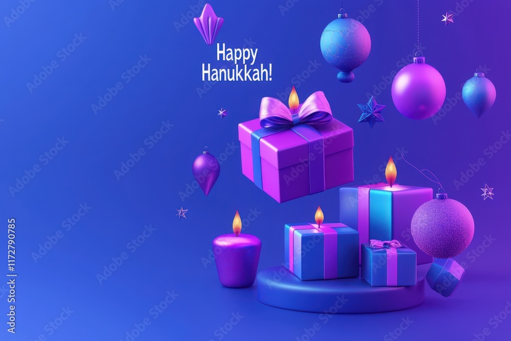 A vibrant display featuring decorative gifts, candles, and ornaments in shades of blue and purple, celebrating Hanukkah. The festive atmosphere is enhanced with glowing lights and joyful details.
