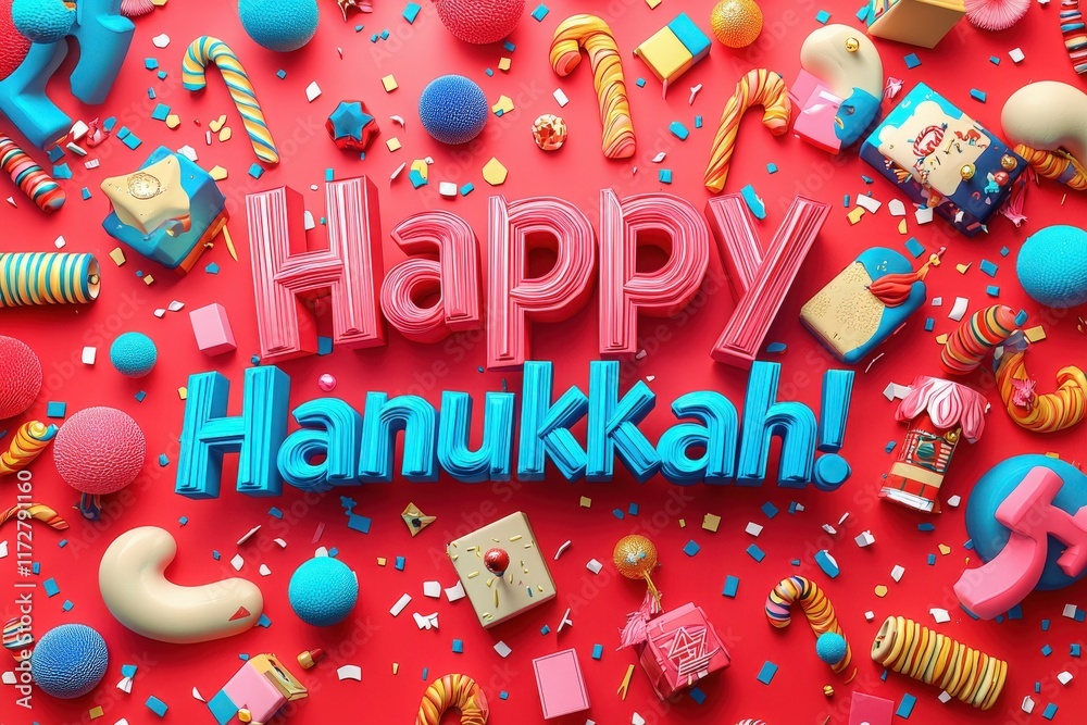 A vibrant display featuring the phrase Happy Hanukkah surrounded by various colorful gifts and decorations. The joyful arrangement captures the spirit of the holiday celebration.