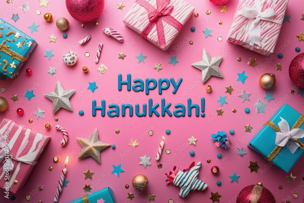A vibrant display for Hanukkah featuring presents wrapped in bright paper, shimmering stars, and festive ornaments scattered across a pink backdrop. Candles and sweet treats add to the celebration.
