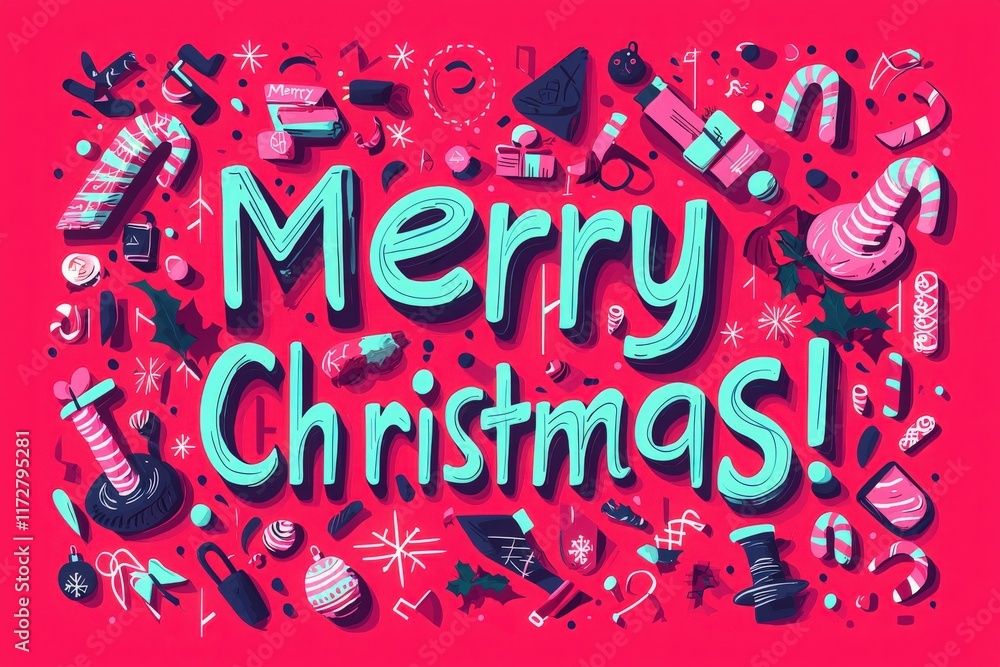 A vibrant display highlights the festive spirit with candy canes, ornaments, and holiday symbols, creating a joyful atmosphere for Christmas celebrations.